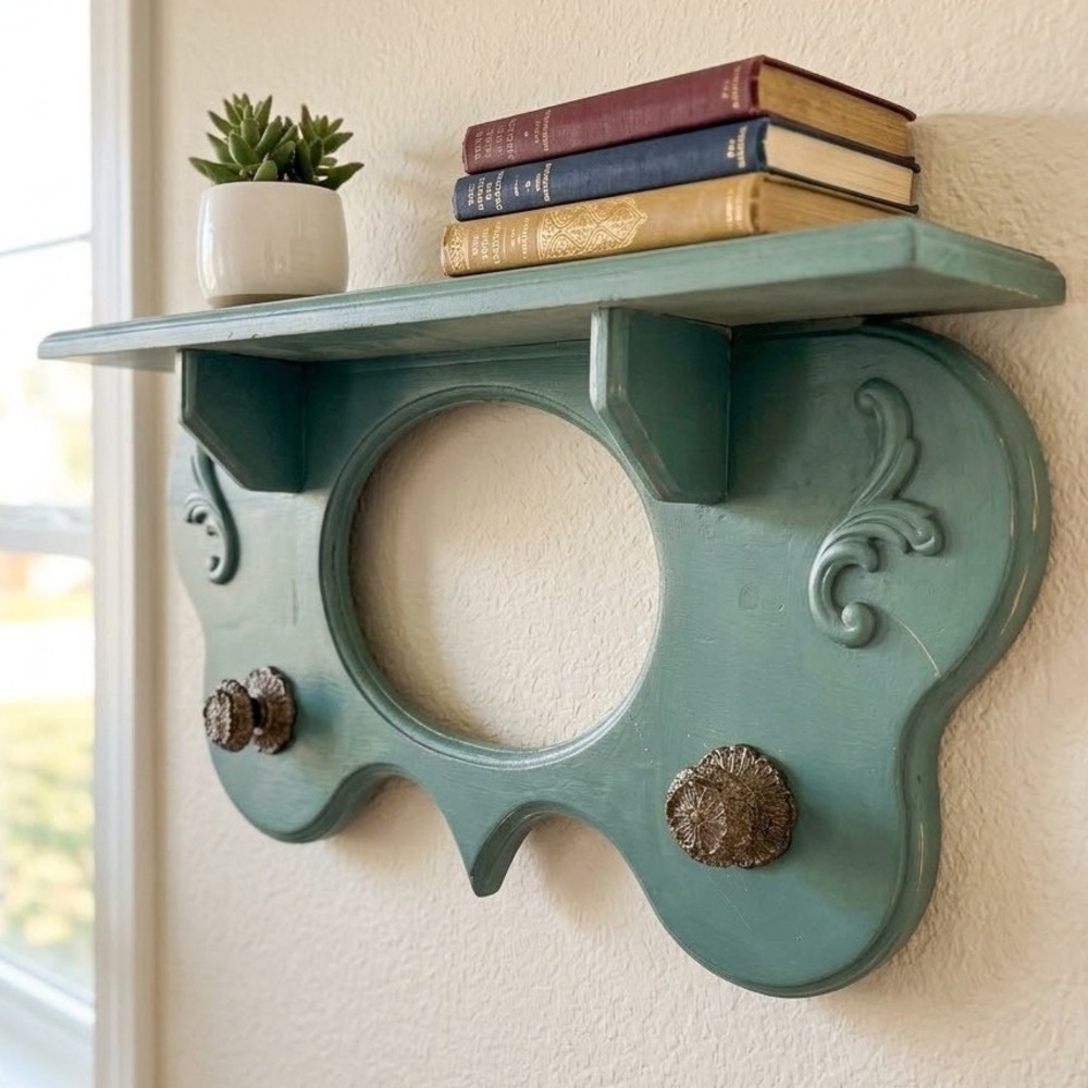 Vintage Rustic Teal Wood Wall Shelf Knobs Frame Cutout Primitive Cottagecore